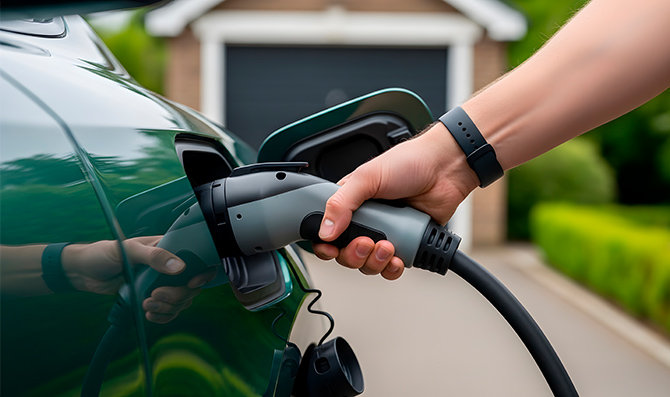 Mano sujetando un conector de carga enchufado a un vehículo eléctrico aparcado frente a una vivienda, con el cable extendido hacia el punto de conexión