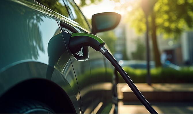 Lateral de un coche eléctrico conectado a la manguera de recarga