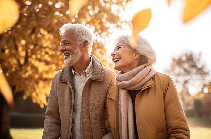 Pareja mayor caminando junta entre árboles de otoño, rodeados de tonos cálidos y hojas doradas