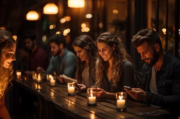 Grupo sentado alrededor de una mesa de madera en un local con luz tenue, consultando sus teléfonos junto a varias velas encendidas