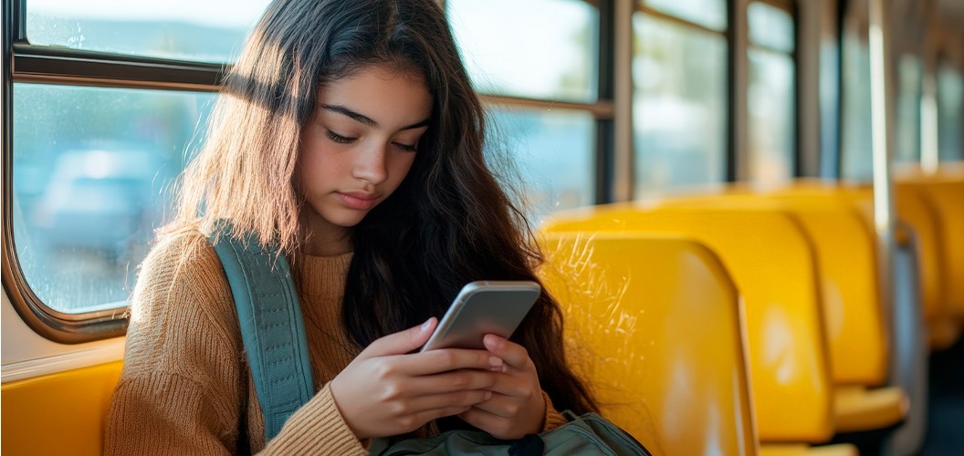 Persona sentada en un asiento amarillo de un autobús consultando un teléfono móvil con una mochila apoyada sobre el regazo